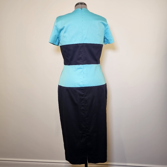 Custom handmade blue navy color block lined tea-length midi dress size 12 US - Picture 4 of 5